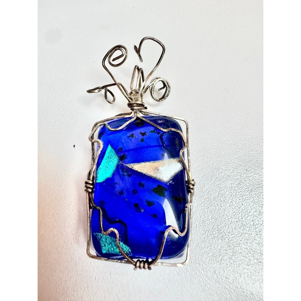 Handcrafted Blue Dichroic Glass‎ Pendant Silver Tone Wire Wrapped Statement